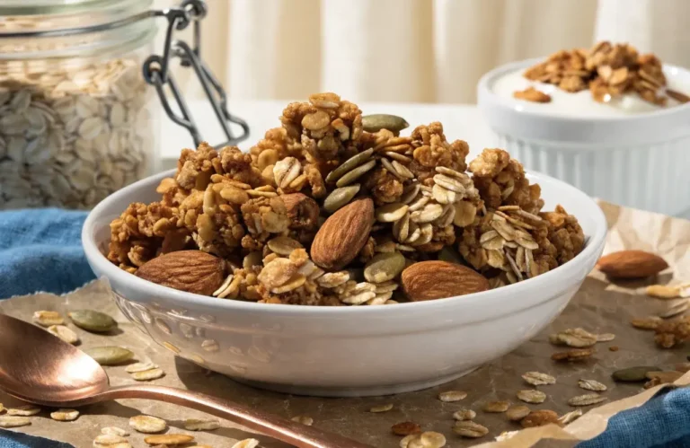 Homemade air fryer granola with toasted oats, almonds, pumpkin seeds, crunchy clusters, and wholesome ingredients, served in a bowl for a healthy breakfast or snack.