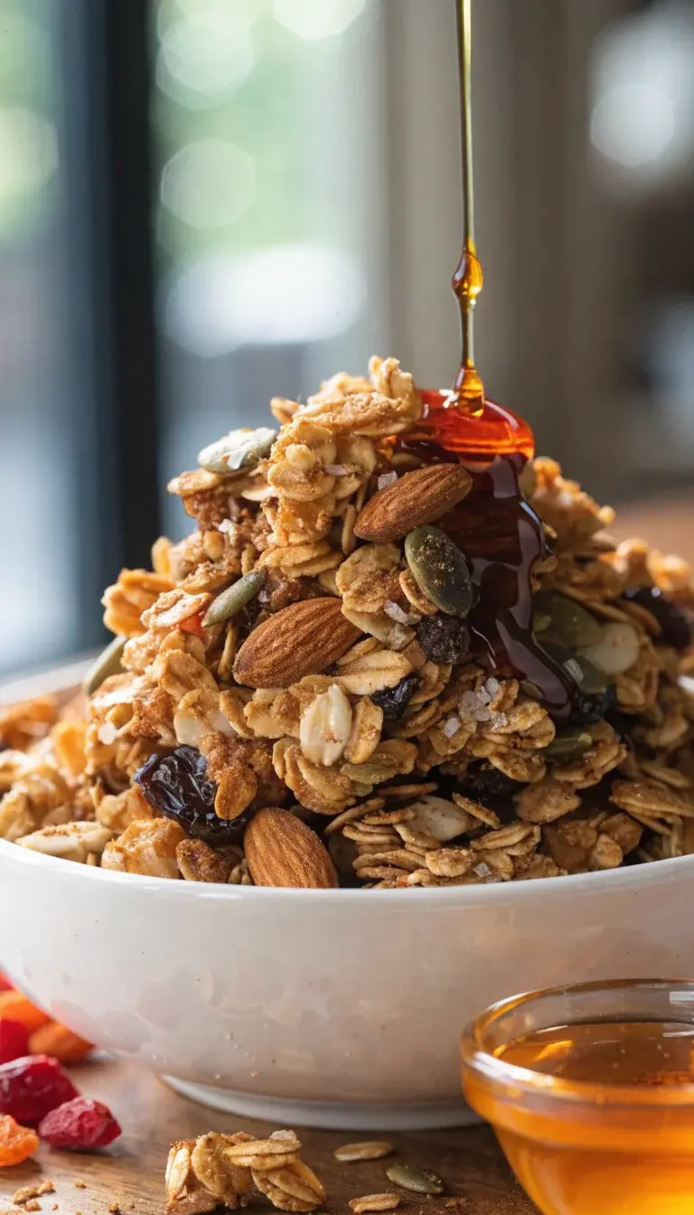 Prompt 1: Close-up of a golden, perfectly toasted granola cluster shot in a shallow depth of field. Show oats, nuts, seeds, and coconut edges with a glossy honey/maple syrup sheen. Include a small ramekin of honey and a drizzle of maple syrup captured mid-pour, with a light dusting of cinnamon and a pinch of flaky salt visible. Use natural window light, a clean white ceramic bowl on a warm wood surface, and a few scattered dried berries (cranberries/goji) for color pops. Keep the granola in focus and the background softly blurred for a crave-worthy, studio-quality look.