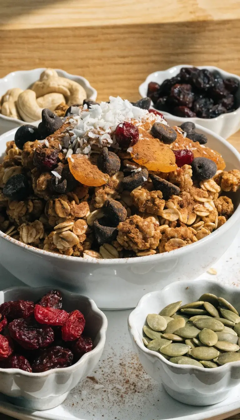 Prompt 3: Garnished serve shot highlighting customization and mix-ins. Present a bowl of freshly baked granola topped with a handful of chocolate chips, dried fruit, shredded coconut, and a cinnamon-vanilla sprinkle. Include a separate line-up of mix-ins (nuts, seeds, dried fruit) in small supporting bowls around the main dish. Use a white plate with a subtle rim on a light wood backdrop, with morning light casting gentle shadows. Emphasize glossy nuts, golden oats, and vibrant fruit colors, capturing the texture contrast between clusters and loose oats for an appetizing, plate-ready presentation.