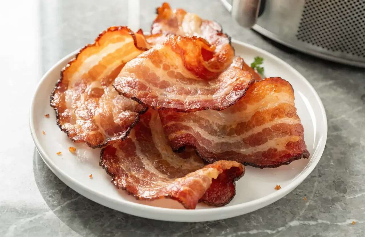 Air fryer bacon with crispy golden brown bacon strips, curled edges, and rendered smoky fat, stacked on a white plate for an easy breakfast or brunch.