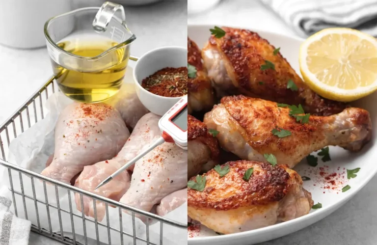 Raw chicken cooked in the air fryer with seasoned uncooked chicken pieces, olive oil, spices, and juicy golden brown roasted chicken drumsticks, served with lemon and fresh parsley.