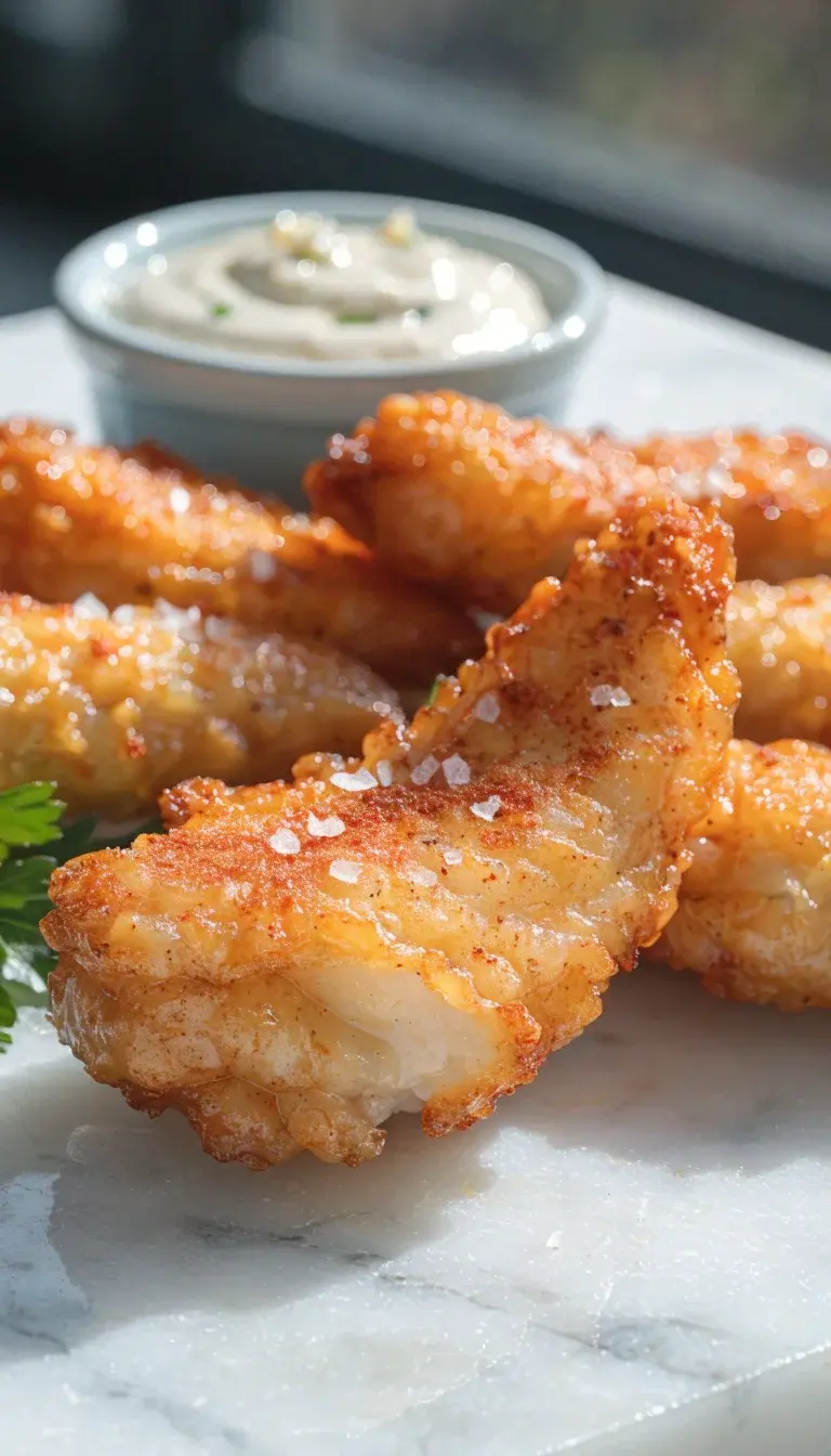 Crisp air-fryer chicken tenders on a white marble surface: close-up macro shot showing golden-brown crust with a light dusting of smoked paprika and flaky sea salt. Include a small ramekin of creamy garlic dip in the background and a garnish of fresh parsley leaves. Use natural window light from the side to emphasize the crunch texture and juicy interior, minimal props for clean, modern presentation.