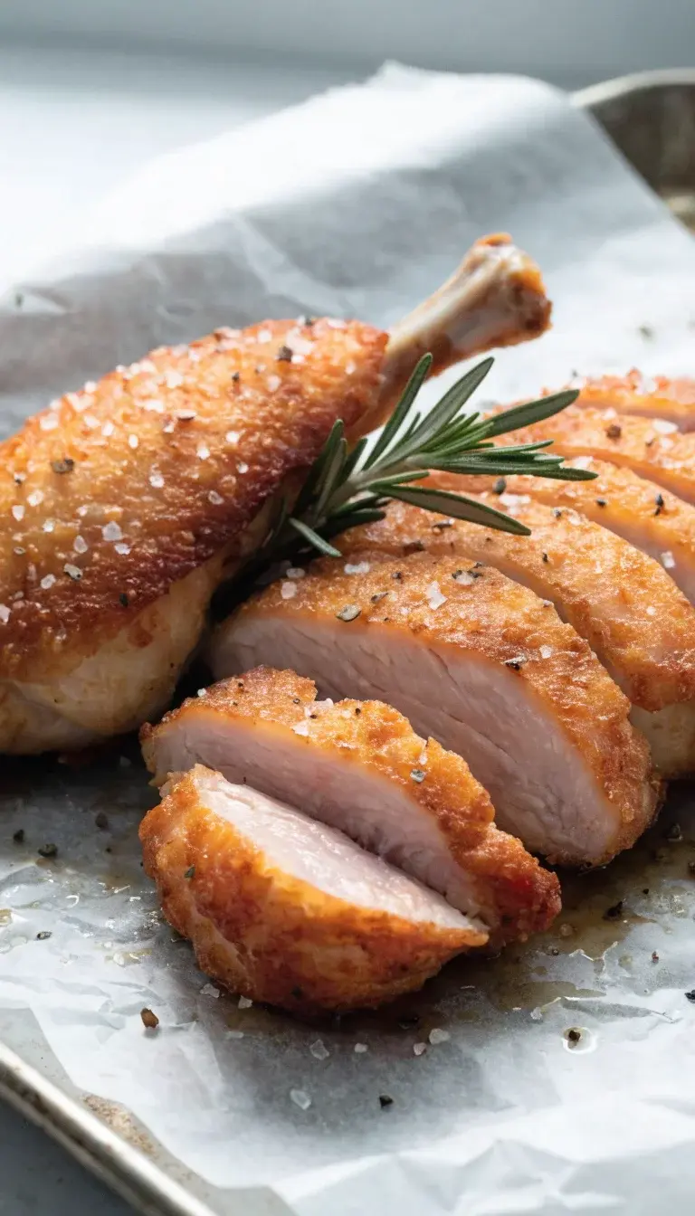 Assembly-ready shot: half-sliced chicken breast and bone-in piece on a parchment-lined baking tray after air frying, showing a moist pink-tinged interior near the juicy center and a crisp, golden crust. Include sprinkled flaky salt, cracked black pepper, and a sprig of rosemary as accents. Shot at a slight angle to highlight texture contrast, with soft natural light and a clean, minimal background to keep the focus on the food.