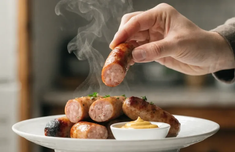 Air fryer sausage links with juicy browned sausages, one sliced to show the tender interior, served with mustard, fresh herbs, and steam rising, demonstrating perfectly cooked sausage links.