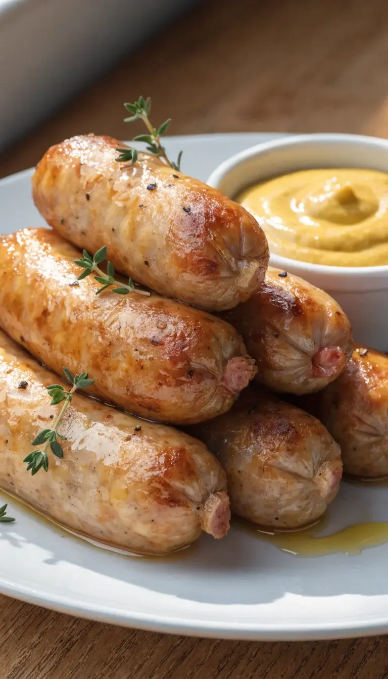 A close-up studio-style shot of air-fried sausage links on a white ceramic plate. Golden-brown, crispy skins with juicy interiors just visible where cut ends peek out. Garnish with a light sprinkle of cracked black pepper and a few fresh thyme sprigs. Include a small ramekin of Dijon mustard and a drizzle of olive oil on the side. Natural window light from the left, clean wooden surface backdrop, shallow depth of field to emphasize texture.