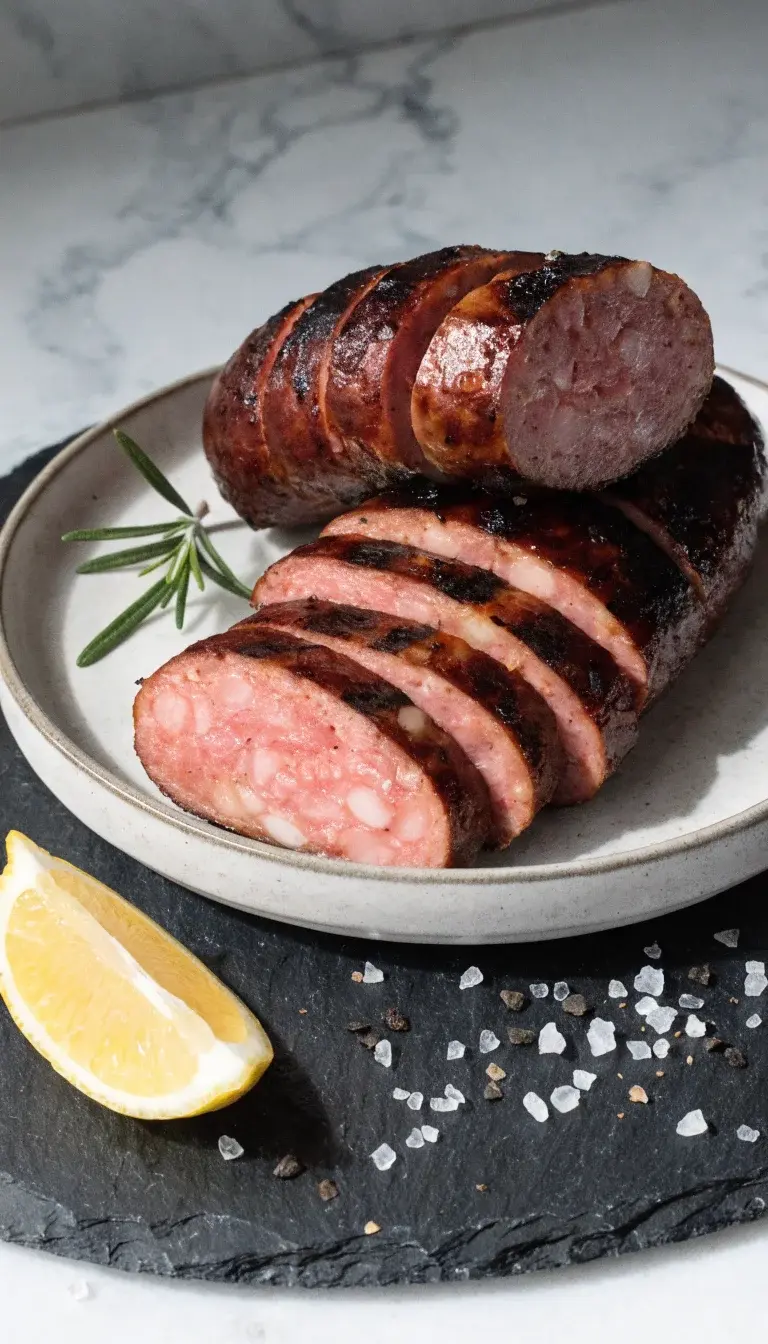 Slice-and-serve presentation featuring 2–3 sausage links sliced diagonally to reveal juicy pink interior and well-seared crust. Plate on a slate board with a subtle olive oil sheen, cracked black pepper, sea salt crystals, and a lemon wedge for brightness. Garnish with a small sprig of rosemary. Soft natural light to emphasize textures, with a clean, uncluttered kitchen counter setting.