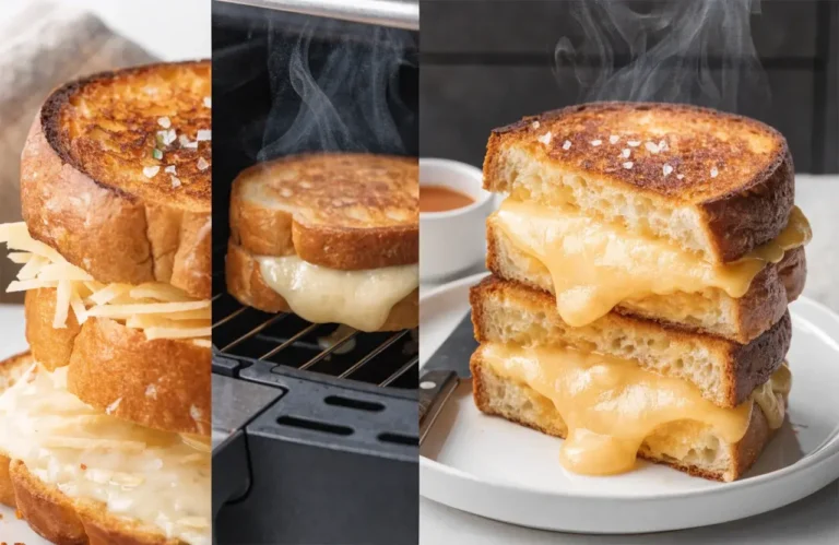 Air fryer grilled cheese sandwich with crispy golden toasted bread, gooey melted cheese, flaky sea salt, and steam rising, shown from cooking to serving for an easy comfort food meal.