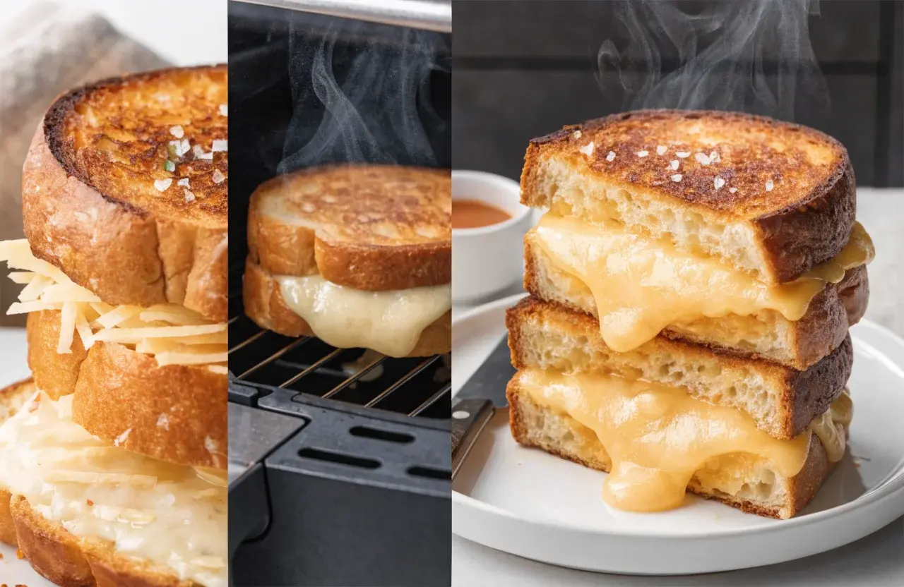 Air fryer grilled cheese sandwich with crispy golden toasted bread, gooey melted cheese, flaky sea salt, and steam rising, shown from cooking to serving for an easy comfort food meal.