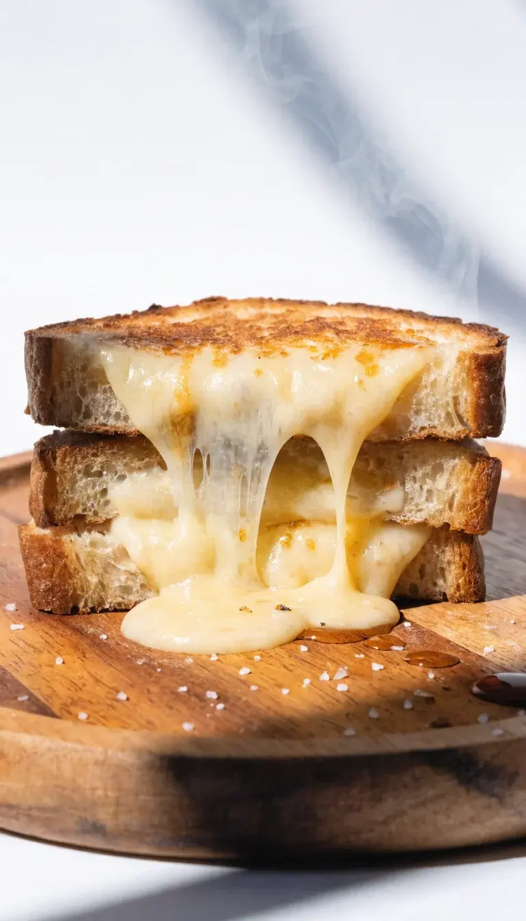 Close-up of a perfectly toasted air fryer grilled cheese resting on a rustic wooden board: golden-brown crust with visible crisp edges, gooey melted cheese oozing from the center, specks of flaky sea salt and a tiny drizzle of hot honey on the plate. Include a lightly toasted sourdough slice, a subtle steam haze rising, and a clean white background with natural window light to emphasize the bread’s texture and cheese pull.