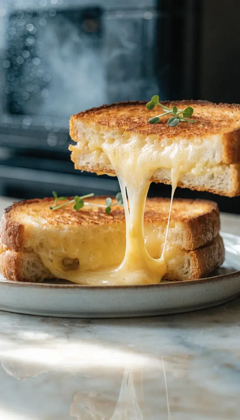 Step-in-motion composition: a sliced grilled cheese half lifted to reveal molten center, captured with a macro lens to highlight the stretch of cheese. Plate set on a light marble surface, bread crust edges golden and crisp, a faint air fryer mist in the background, and a minimal garnish of microgreens for color contrast. Natural daylight, clean styling, and no hands or people in frame to keep focus on the sandwich texture and ooze.