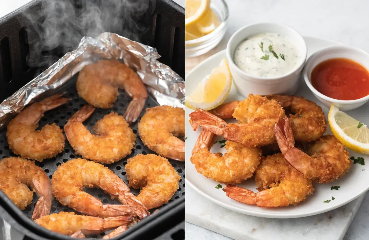 Air fryer fried shrimp with crispy golden breaded shrimp, lemon wedges, creamy tartar sauce, cocktail sauce, and steam rising from the air fryer basket, served as an easy seafood appetizer or dinner.