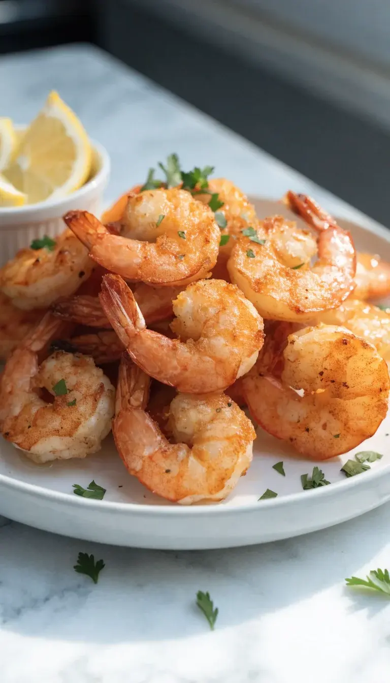 A close-up of crispy air-fried shrimp arranged on a matte white plate, lightly seasoned with paprika and garlic, with visible golden-brown crust and a slight sheen of oil. Include a small ramekin of lemon wedges and a sprinkle of chopped parsley for color. Use natural window light from the side to create soft shadows and emphasize the crunch, with a clean marble countertop backdrop and a shallow depth of field that keeps the shrimp in sharp focus while gently blurring the background.