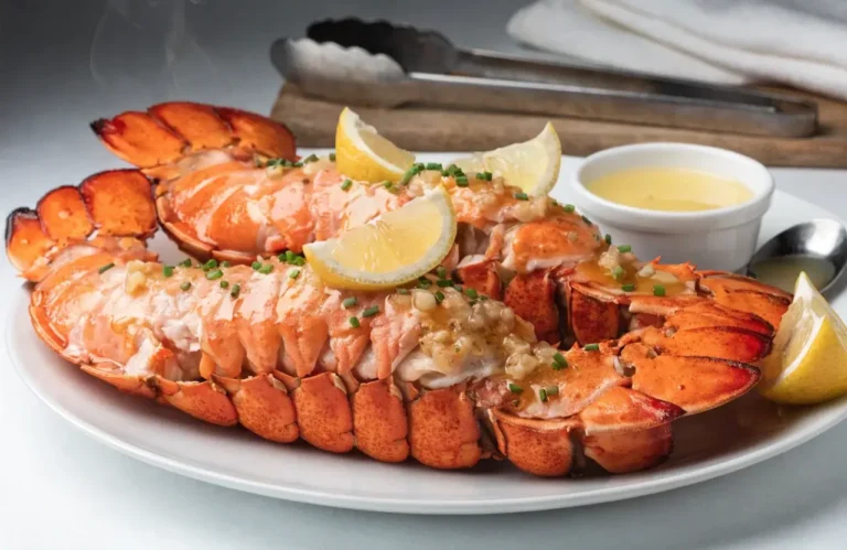 Air fryer lobster tails with tender buttery lobster meat, garlic butter, fresh chives, lemon wedges, and melted butter for dipping, served as an elegant seafood dinner.