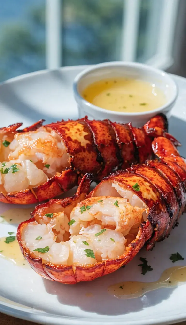 A close-up, high-contrast shot of two air-fried lobster tails arranged on a pristine white plate. Focus on the crisp, golden-brown edges and glossy, butter-glazed surfaces that highlight the succulent white meat peeking through the shell. Include a drizzle of lemon-butter sauce on the side, minced parsley sprinkled over the tails, and a small ramekin of clarified lemon-butter sauce in the background. Use natural lighting from a window, a clean neutral backdrop, and shallow depth of field to softly blur the background while keeping the lobster in sharp focus.