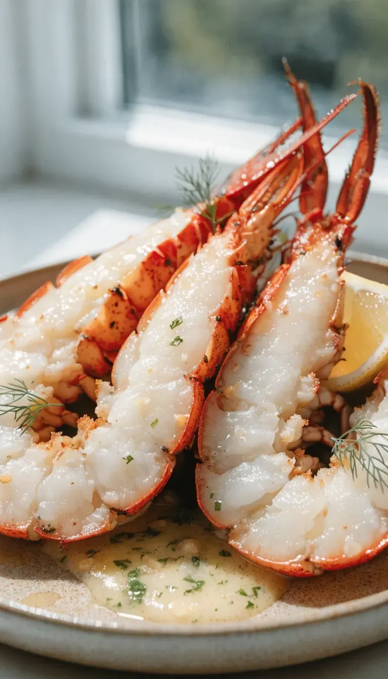 A dramatic, side-angle shot of three lobster tails fanned on a warm-toned ceramic plate with a light butter glaze sheen. Highlight the contrast between the bright white meat and the golden-brown, crisp outer edges achieved by air-frying. Include a delicate lemon wedge, a few sprigs of fresh dill for garnish, and a small pool of melted garlic-butter alongside. Shoot with natural morning light for soft shadows and a clean, airy composition that conveys speed, moisture, and flavor without any clutter.