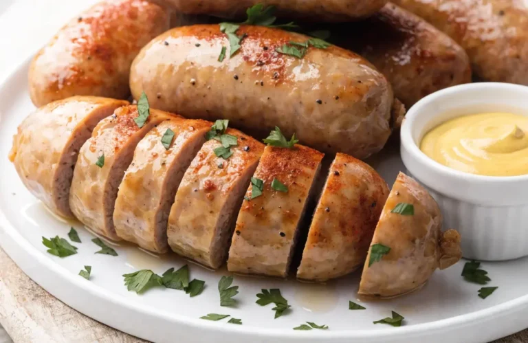 Air fryer chicken sausage with juicy browned chicken sausage links, sliced to reveal a tender interior, fresh parsley garnish, and creamy mustard dipping sauce, served as an easy high protein meal.
