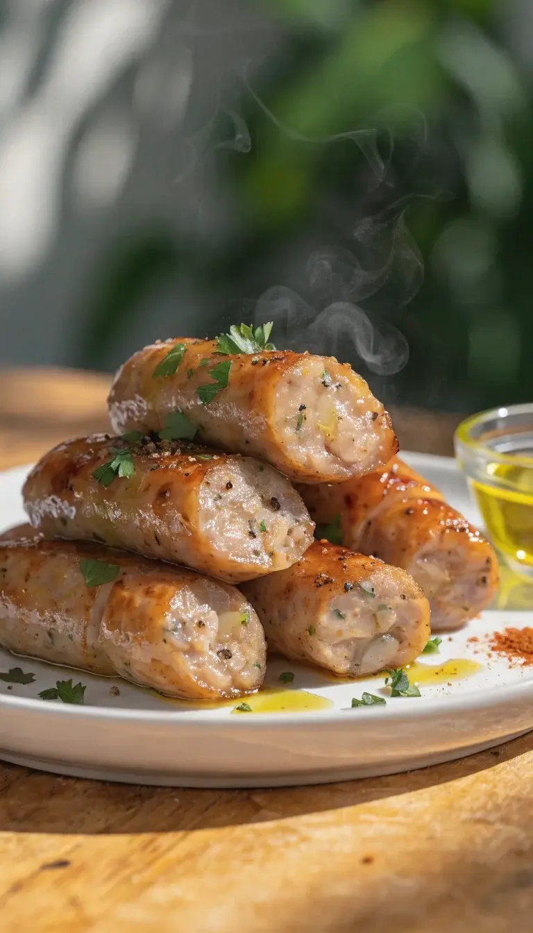 Prompt 1: A close-up, high-contrast shot of golden-brown chicken sausages resting on a cool white ceramic plate, sliced diagonally to show juicy interior. Garnish with a light drizzle of olive oil, a pinch of chopped parsley, and scattered cracked black pepper. Include a small ramekin of extra virgin olive oil and a tiny pinch of paprika on the side. Shoot with natural daylight from the side, shallow depth of field to blur the background, and a clean wooden table or marble surface for a minimalist, magazine-quality look. Highlight crisp edges and a slight steam haze to emphasize freshness.