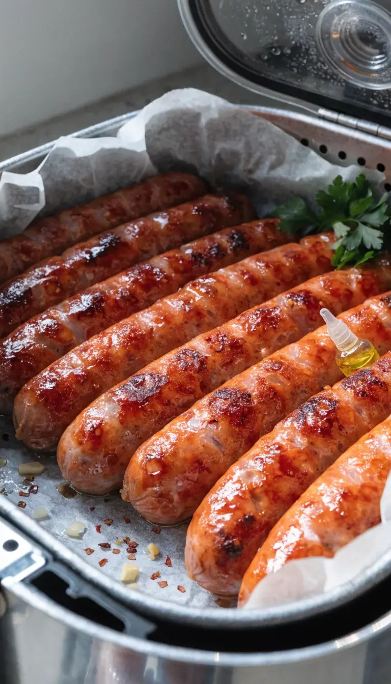 Prompt 3: Action-ready composition of air fryer parchment-lined tray with evenly spaced sausages in the middle of crisping, a tiny spritz bottle of olive oil nearby, and a sprinkle of red pepper flakes and minced garlic visible on the tray. Capture a macro shot focusing on surface texture: blistered skin, caramelized edges, and the tiny air-fried oil droplets glistening. Natural window light from the side, neutral background, and a clean, uncluttered setup to convey a quick weeknight cooking moment. Include a hint of a fresh herb garnish (parsley) in the corner to add color pop.