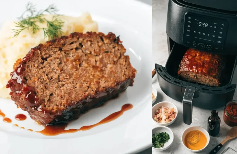 Air fryer meatloaf with a thick slice of juicy glazed meatloaf, mashed potatoes, and an air fryer showing the loaf cooking, demonstrating how to make tender homemade meatloaf.