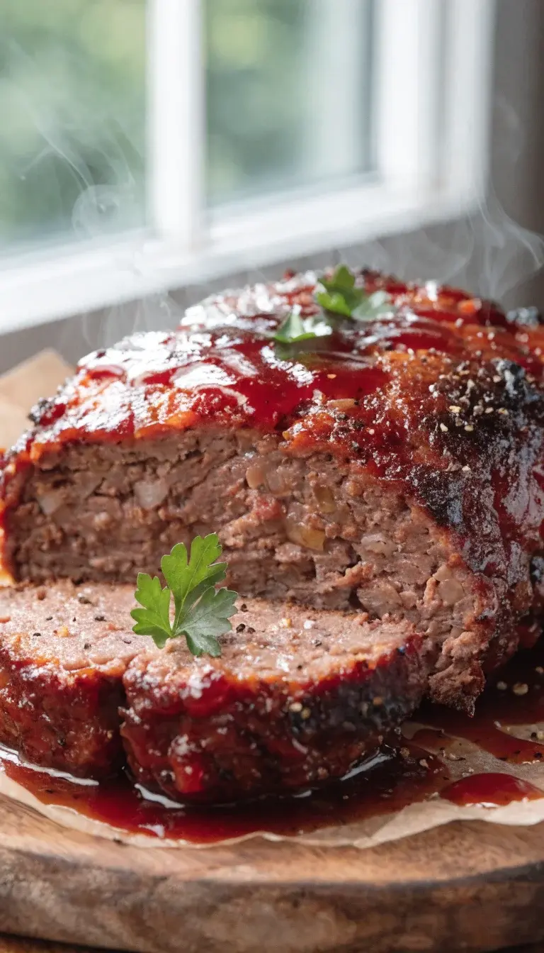 Prompt 1: A close-up macro shot of a freshly baked air fryer meatloaf sliced to reveal a juicy, tender interior and a crispy, caramelized crust. Emphasize the 80/20 beef texture with flecks of onion and garlic, a glaze of ketchup on top, and a light steam. Plate on a rustic wooden board with parchment edges, garnished with a drizzle of glaze, cracked black pepper, and a few fresh parsley leaves for color. Use natural window light to highlight moisture and crust details; shallow depth of field to blur background.