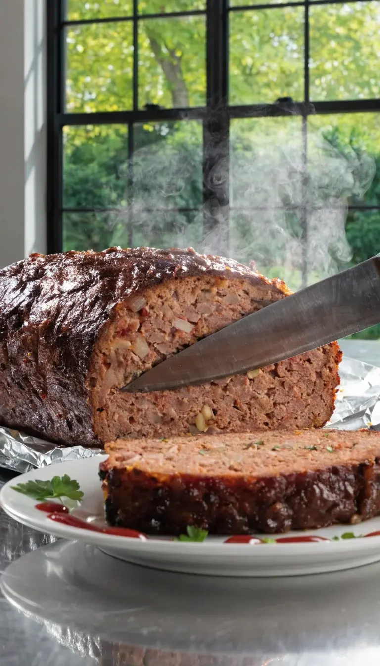Prompt 3: A mid-shot of a meatloaf being sliced with a sharp knife, showing steam rising and a moist interior contrasted with a crunchy crust. Highlight the ingredients transmission: visible bits of onion, minced garlic, and specks of Worcestershire sauce in the meat. Plate a single slice on a glossy white plate with a thin line of ketchup drizzle, a light sprinkle of chopped parsley, and a few whole herbs nearby. Natural light from a side window, pristine kitchen counter backdrop, focus stacking to keep both slice and crust razor-sharp.