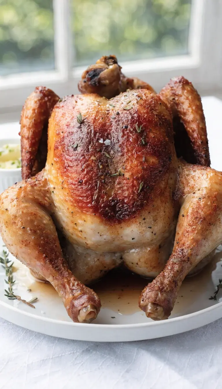 Juicy roasted air fryer chicken close-up: a whole 3–4 lb chicken air-fried to a crackling, paprika-tinged golden-brown skin placed on a clean white plate with a light drizzle of pan juices. Garnish with a pinch of flaky sea salt, cracked black pepper, and a few garlic powder specks visible on the skin. Surround with scattered dried herbs (thyme and rosemary) and a small ramekin of garlic-herb butter for dipping. Natural window light, shallow depth of field, airy kitchen backdrop.