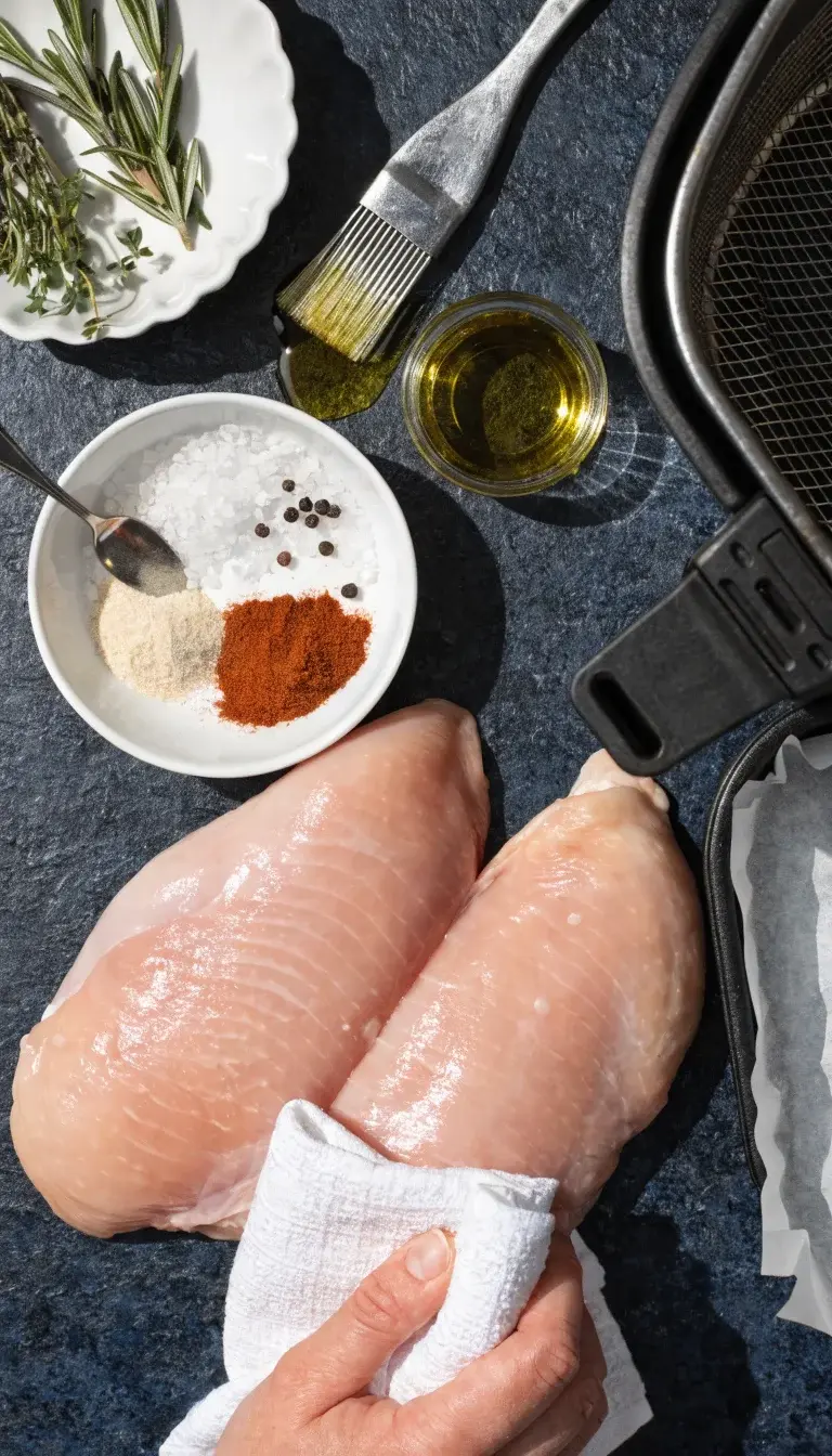 Process-forward composition: ingredients and technique laid out for prep—patting dry chicken, a small bowl of coarse salt, cracked pepper, garlic powder, paprika, and a brush with olive oil. Include a preheated air fryer basket, a parchment-lined tray, and a bowl of fresh herbs (rosemary, thyme). Capture a top-down view with natural daylight, emphasizing texture on the dry skin prep and the glossy rub, with the unassembled components arranged neatly for a step-by-step visual cue.