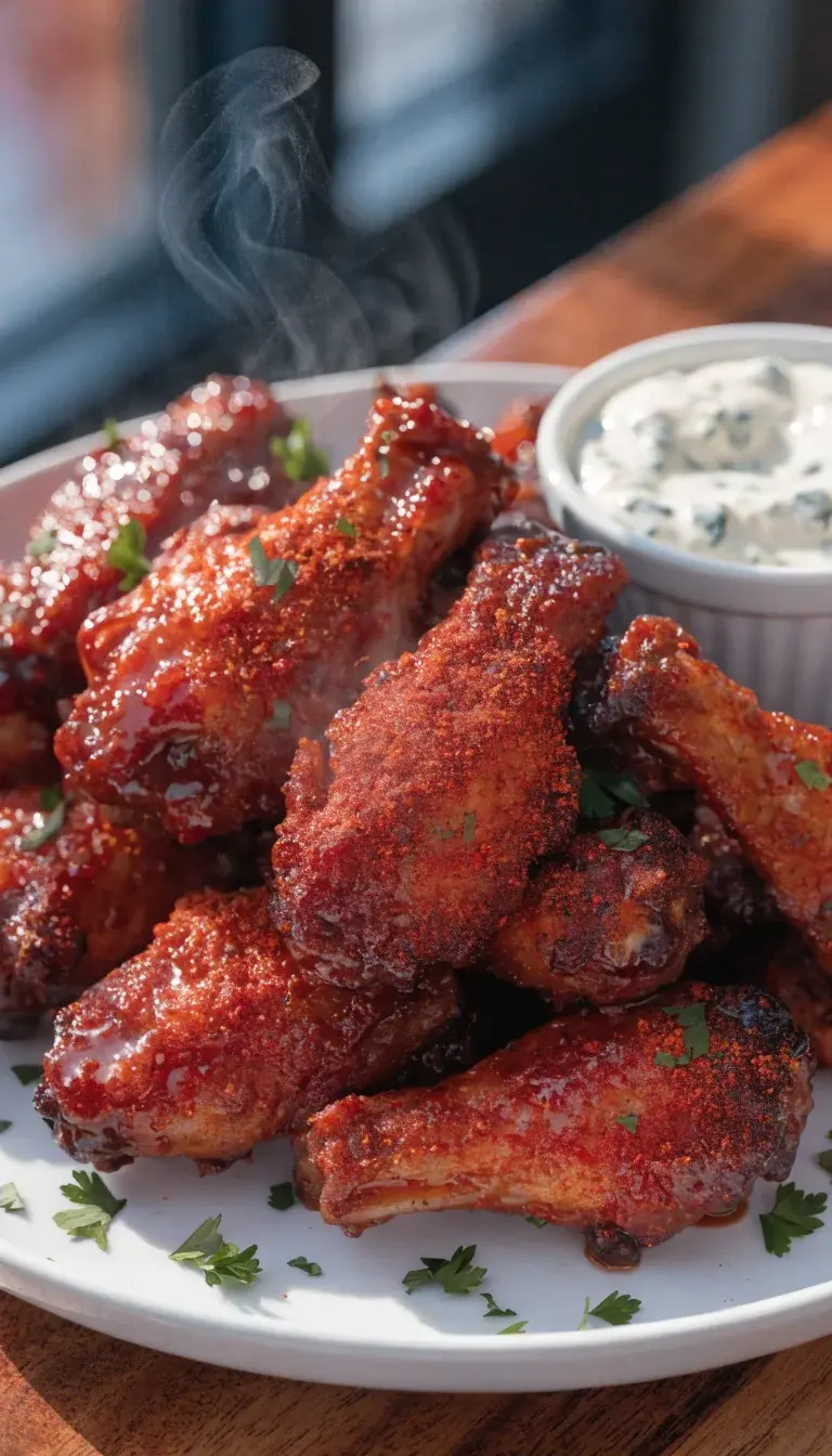 A close-up of a plate of crispy air-fryer buffalo wings with a glossy glaze, showing both drumettes and flats. Include a dusting of bright paprika-red dry rub and a subtle pepper fleck texture. Garnish with chopped fresh parsley and a small ramekin of creamy blue cheese dip off to the side. Use natural light coming from the left, shallow depth of field to blur background, clean white plate on a wood-topped surface, capture steam wisps for hot-from-the-oven appeal.
