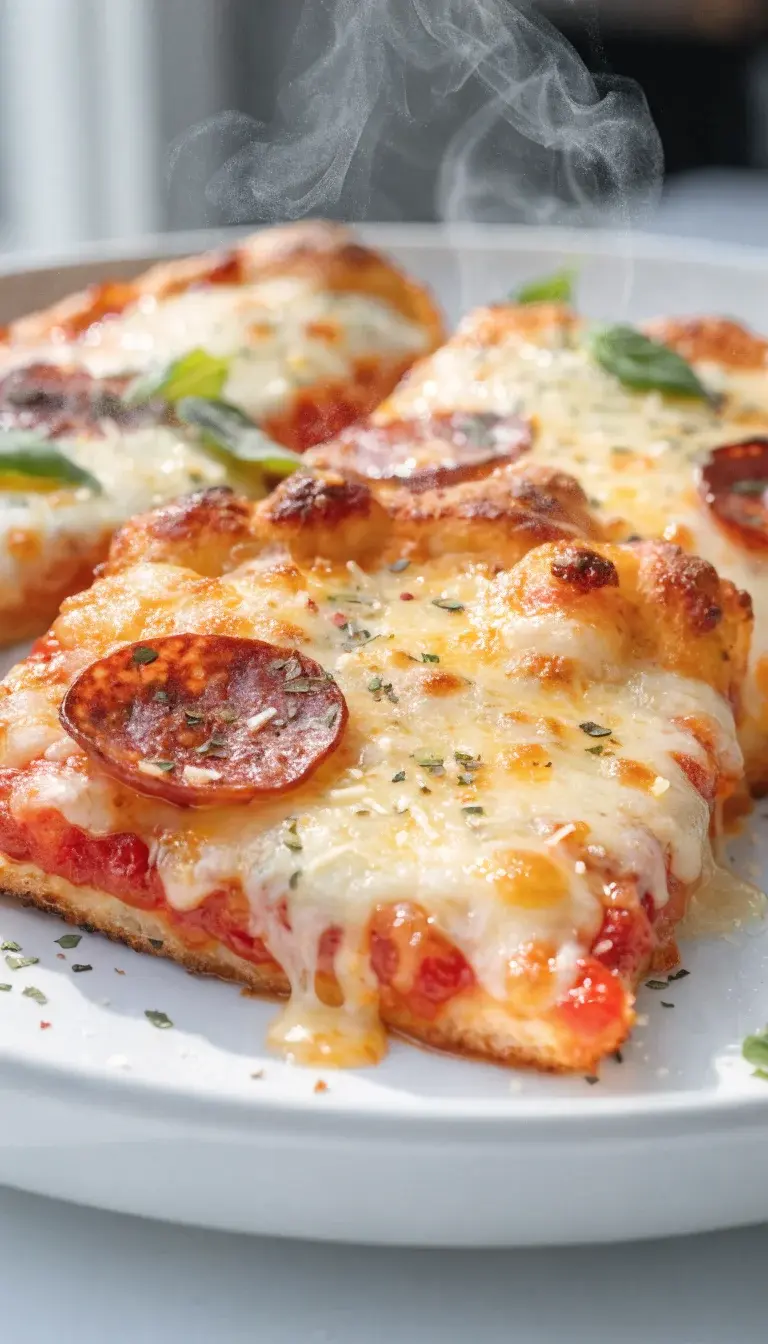 Prompt 1: Crispy Air-Fried Pizza Slices Still-Warm Shot
- Food: Pizza slices reheated in an air fryer, showing crisp-edged crust with melted cheese and slightly charred toppings. Include a few pepperoni slices and a glossy tomato sauce glow.
- Colors/textures: Golden-brown crust with bubbly, caramelized cheese; vibrant red sauce peeking through; hints of oregano and chili flakes sprinkled on top.
- Techniques/garnishes/presentation: Slice arranged on a clean white ceramic plate with a light dusting of grated parmesan and fresh basil leaves for pop. Steam rising subtly to imply just-reheated freshness.
- Lighting/composition: Natural window light from the side to create gentle shadows; shallow depth of field focusing on the front slice, with a soft blur on the background plate. Minimal props, blank countertop.