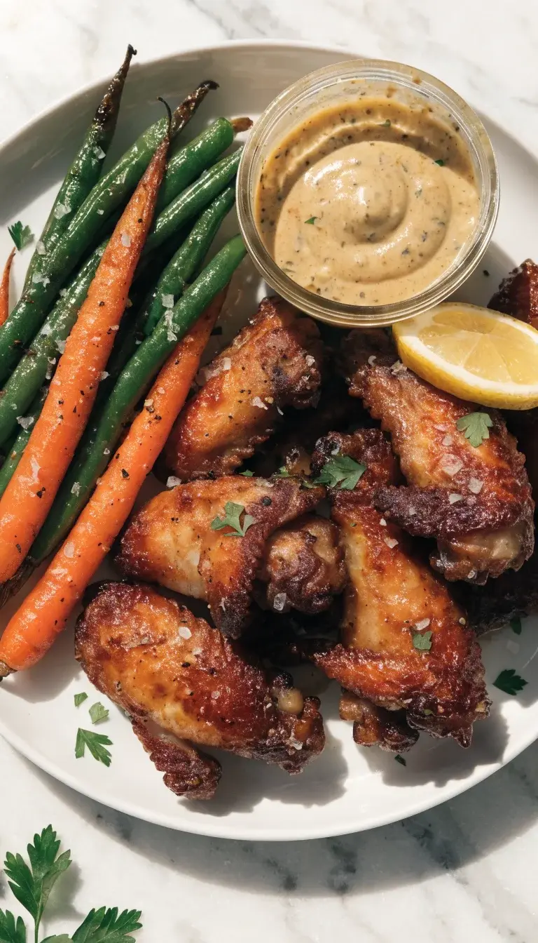 Prompt 3: Juicy Chicken Wings and Veggies Reheated for Bite
- Food: Air-fried chicken wings with a lacquered, golden skin next to crisp-tangled vegetables (roasted carrots and green beans) that show crisp edges and tender centers.
- Colors/textures: Deep caramelized skin on wings; vibrant orange carrots and emerald-green beans; a light glaze sheen on wings suggesting a hint of glaze or seasoning.
- Techniques/garnishes/presentation: Pair with a small jar of honey mustard or garlic-lemon dipping sauce; sprinkle flaky sea salt and cracked black pepper; a lemon wedge and chopped parsley for brightness.
- Lighting/composition: Natural window lighting to bring out the glaze and gloss; close-up shot with a slight overhead angle, plate placed on a white marble surface to reflect clean sophistication; no people, all food-centric.