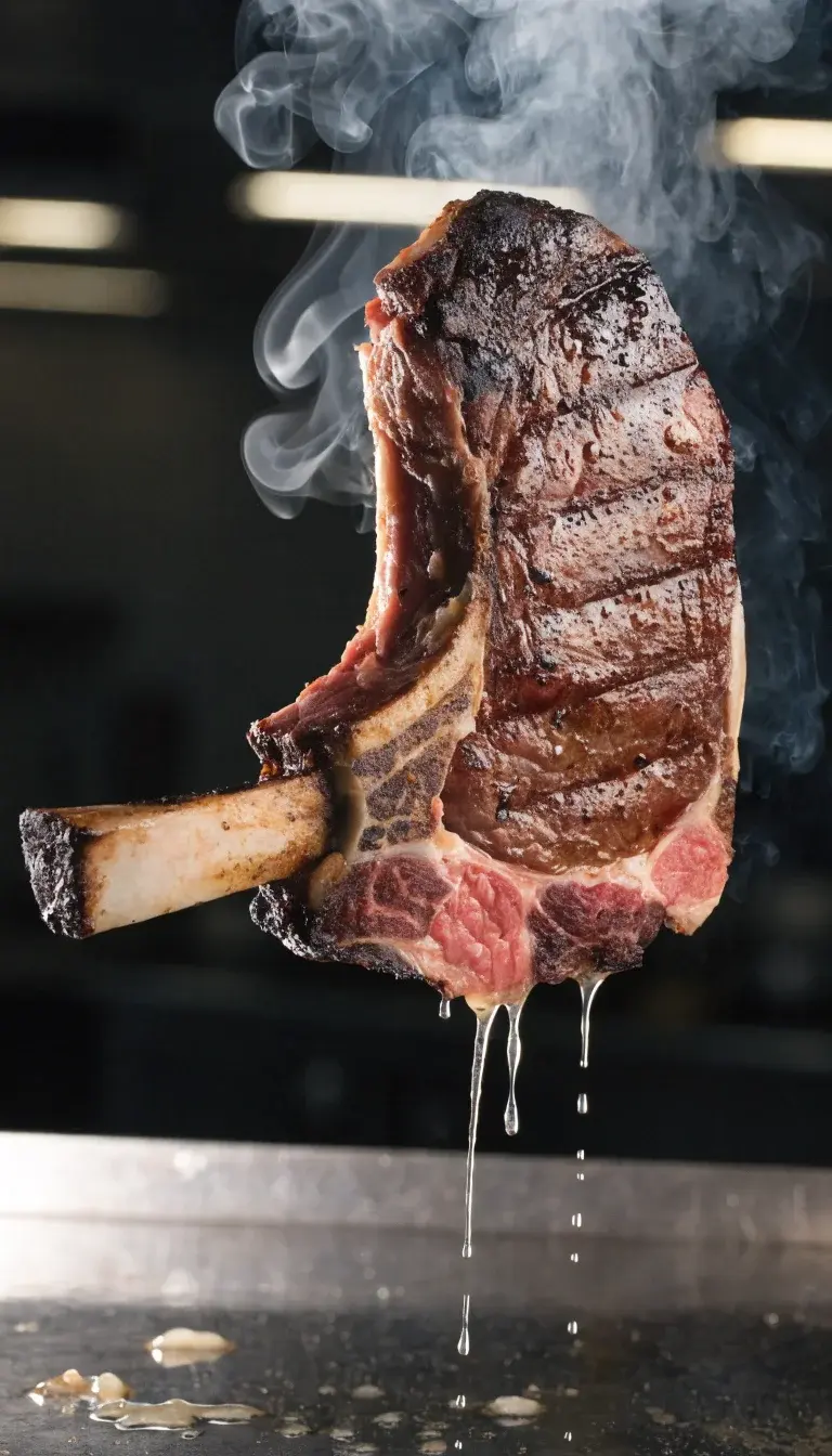 Sizzling chuck steak mid-air reveal: a close-up of a 1 to