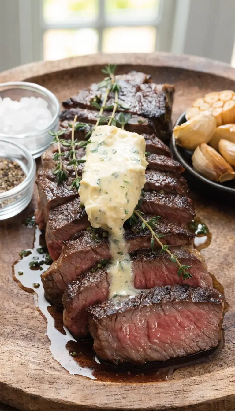 Colorful finish and garnishes: a plated, medium-rare chuck steak sliced to reveal a juicy pink center, fanned on a rustic wooden board. Garnish with fresh thyme sprigs, a dollop of herb butter melting along the edge, and a light drizzle of pan jus or olive oil. Include small ramekins of flaky sea salt and cracked pepper, plus a side of roasted garlic cloves. Use natural daylight to enhance the steak’s charred edges, emphasizing the contrast between seared crust and tender interior.
