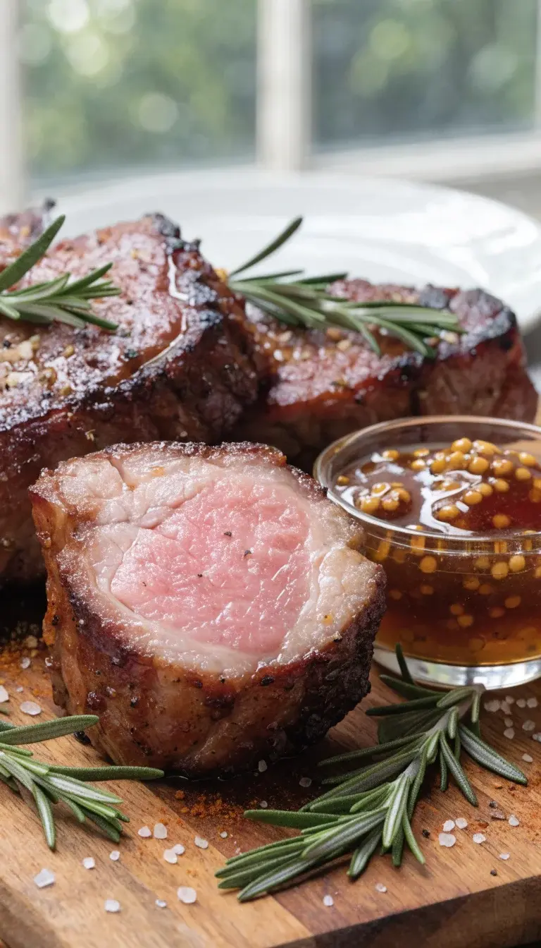 A close-up still life of air-fried pork steaks resting on a wooden board, showing a crisp, caramelized crust with visible grill marks and a juicy pink center just peeking through. Include a light dusting of paprika and cracked black pepper, a small ramekin of mustard-maple glaze hints, sea salt crystals scattered, and fresh rosemary springs for color. Natural window light from the side creates soft shadows, with a clean white plate and neutral-toned backdrop to emphasize texture and moisture.