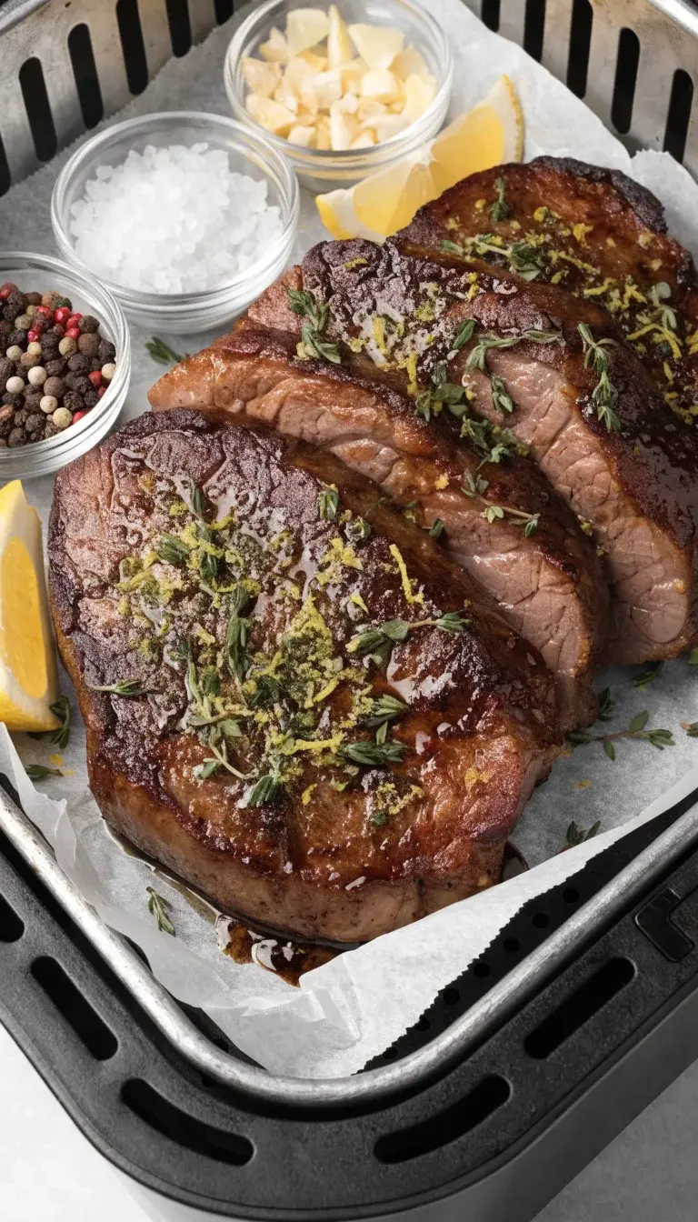 5-inch thick pork steaks on a parchment-lined air fryer tray, mid-journey to finish, featuring a golden-brown crust with a hint of char, enhanced by a thyme-lemon zest garnish and a drizzle of glossy glaze. Surround with small bowls of flaky sea salt, crushed garlic, and pepper, plus a few lemon wedges for bright color. Use crisp, clean styling and neutral background to highlight the contrast between crust and juicy interior.
