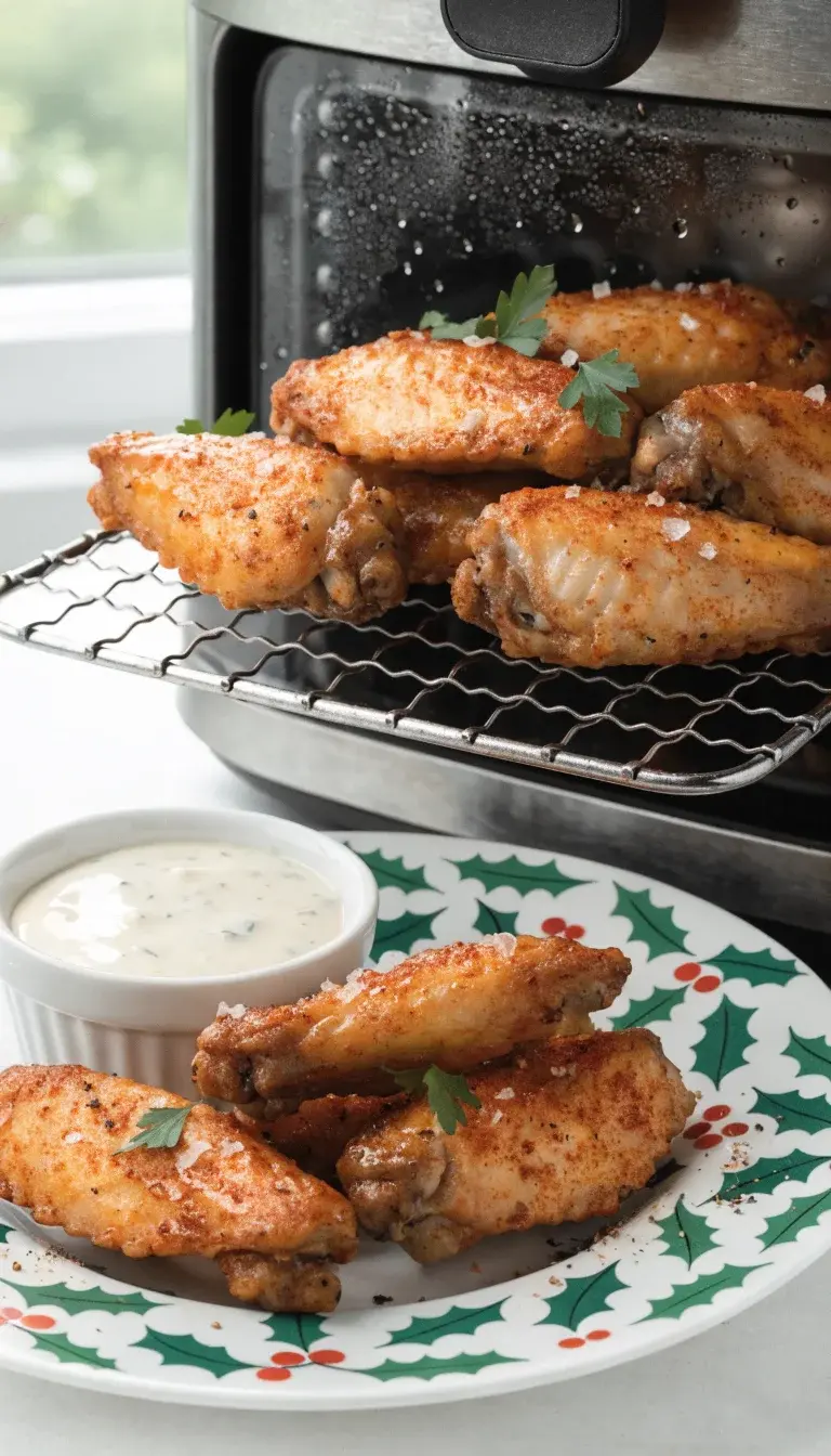 Crisp Air-Fryer Chicken Wings on a Rack Xmas-plate setting
- Food: Golden-brown chicken wings with a light, even crust from air fryer roasting. Include a few wings on a silver wire rack inside the air fryer oven to show the method, plus a small cluster of extra crispy wings on a clean white plate.
- Ingredients, colors, textures: Glazed surface with visible paprika/garlic seasoning specks, tiny bubbles of crisp crust, tender meat peeking through. Garnish with a light dusting of flaky sea salt and cracked black pepper.
- Techniques: Emphasize air-fried crispiness and even browning; show the interior texture by a wing half pulled apart just slightly.
- Presentation details: Pair with a small ramekin of garlic-parsley dipping sauce and a few fresh herbs (parsley) for color.
- Lighting/composition: Natural window light, shallow depth of field to keep focus on wings, clean white plate, neutral background to highlight golden crust.