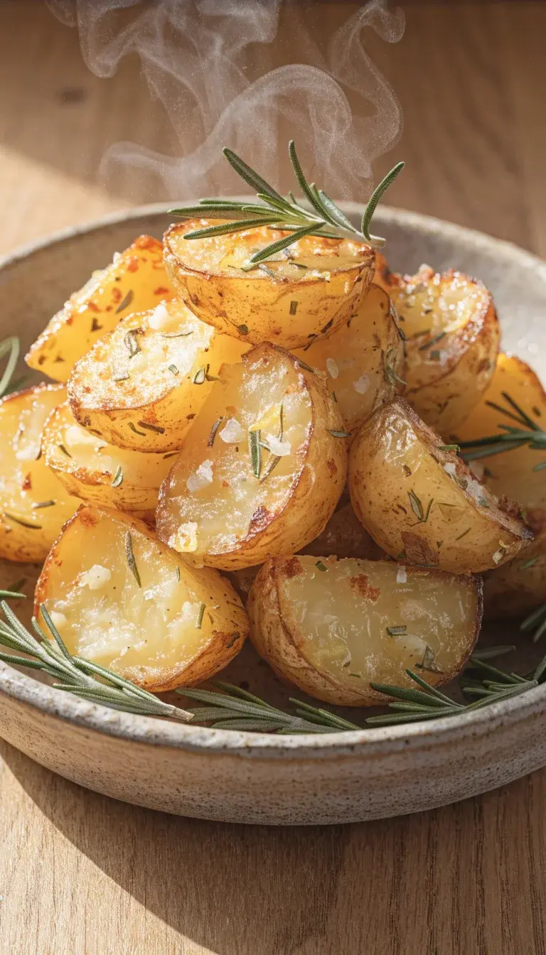 Crunchy Garlic-Rosemary Roasted Potatoes in a Rustic Bowl
- Food: Crispy-on-the-outside, fluffy-on-the-inside roasted potatoes, cut into even chunks and tossed with minced garlic and fresh rosemary, presented in a matte ceramic bowl with a few sprigs of rosemary.
- Ingredients, colors, textures: Golden crust with specks of browned garlic, creamy pale interior visible at the cut edges, green rosemary needles for color contrast.
- Techniques: Highlight the air fryer oven’s roasting mode; emphasize sizzle and steam just slightly captured as the dish sits.
- Garnishes/presentation: Scatter flaky sea salt over the potatoes, a light dusting of paprika for warmth; tiny lemon zest ribbons for brightness.
- Lighting/composition: Natural light from the side to emphasize texture and crispness, minimal props, focus on the potato surface, clean wooden or neutral-toned background.