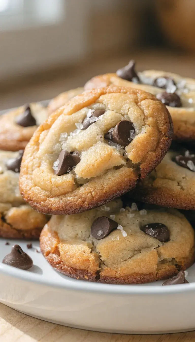 Air-fryer chocolate chip drop cookies in a shallow white ceramic dish: close-up macro shot focusing on the cookie edges with a crisp caramelized rim and a soft, chewy center just peeking through. Garnish with a light dusting of flaky sea salt and a few chocolate chips scattered around. Natural window light from the left, clean wooden countertop, minimal shadows, shallow depth of field to blur the background while keeping texture details sharp.