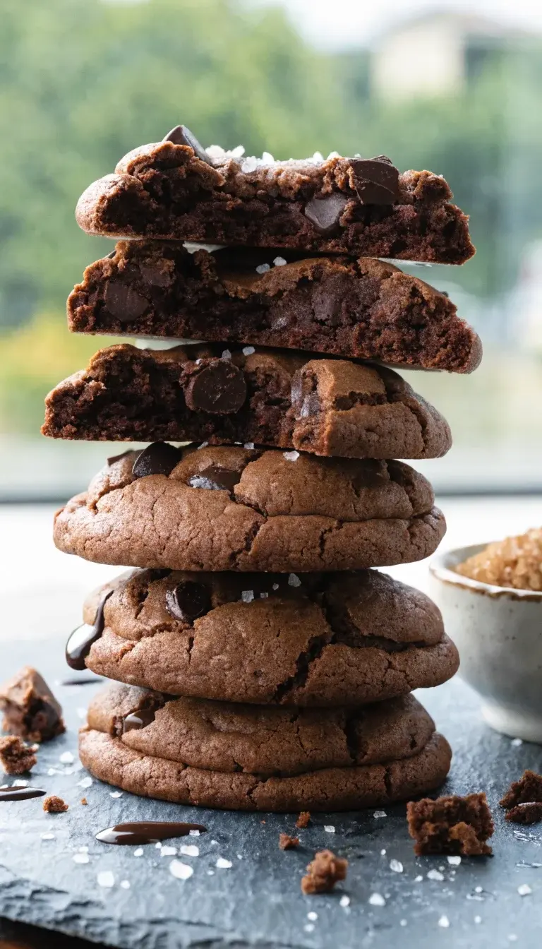 Chocolate chip cookie stack with a bite taken out to reveal the interior: assembled on a chilled slate board with a gentle tilt to emphasize layers and thickness. Include a few melted chocolate drips on the stack, a sprinkle of sea salt flakes, and a tiny bowl of brown sugar beside it. Lighting from a window at a 45-degree angle to create depth with soft shadows, crisp texture visible on the cookie surface, and a clean, restaurant-quality presentation.