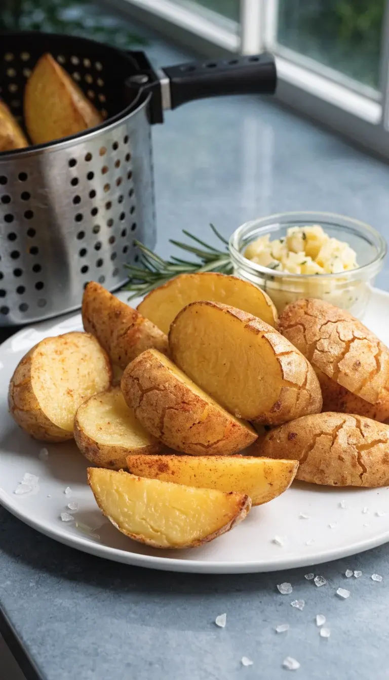 Golden russet potatoes sliced into thick wedges arranged on a clean white plate beside a hot air fryer basket. Focus on fluffy soft insides with crackling, paprika-tinted skin. Include a small ramekin of garlic-herb butter, flaky sea salt crystals, and a sprig of rosemary for garnish. Natural window light, shallow depth of field, crisp textures emphasized, minimal shadows.