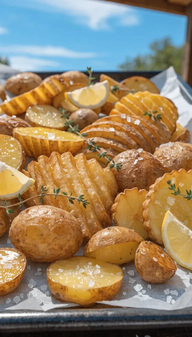 A tray of assorted air-fried potatoes (Russet, Yukon Gold, and baby potatoes) fanned out on parchment, with lemon wedges, thyme sprigs, and a light dusting of sea salt. Emphasize contrasting textures: crisp skins, creamy centers, and buttery glaze. Natural outdoor kitchen lighting, wide shot with shallow depth, clean composition that communicates a crowd-pleasing, crispy potato party.