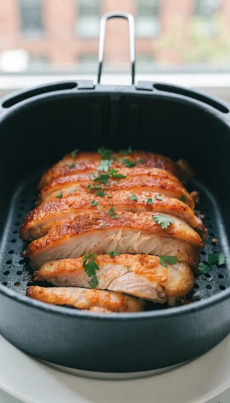 A close-up of evenly sliced chicken thighs arranged in a single layer inside an air fryer basket, showcasing crisp, golden-brown edges with a light sheen of oil. Include a minimalist garnish of chopped parsley and a light dusting of paprika for color contrast. Use natural window light, shallow depth of field to blur the background, and a clean white plate below the basket to emphasize texture and crunch.