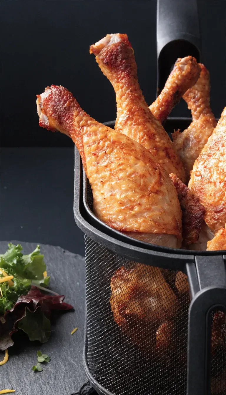 Studio-style still life featuring a single air fryer basket half-filled with crispy chicken thighs and a side of garnished greens (micro herbs, lemon zest shavings) on a dark slate plate. Emphasize texture contrast between the crackly exterior and juicy interior, with a light drizzle of pan juices for gloss. Use a clean, minimal background, controlled natural lighting from the side to enhance shadows, and negative space to convey a pristine, professional look.