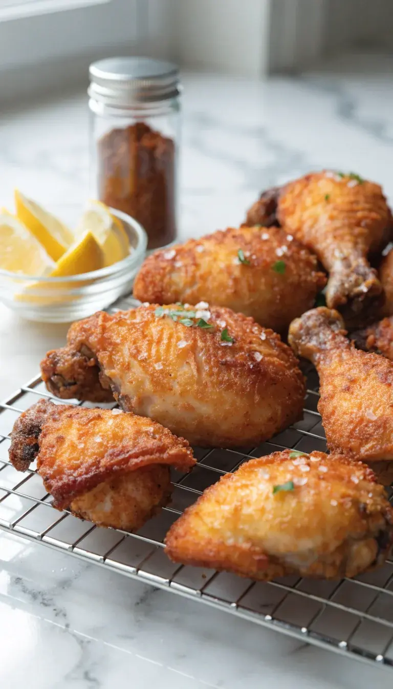 Crisp Air-Fried Chicken Tray: A close-up still-life of assorted air-fried chicken pieces (breasts, thighs, and wings) arranged on a cooling rack over a white marble surface. Focus on ultra-crispy, golden-brown textures with visible air fryer crisp edges. Include a small glass bowl of bright lemon wedges, a jar of paprika or smoked paprika, flaky sea salt crystals, and a light dusting of chopped fresh herbs (parsley). Use natural window light from the side to create soft shadows and a clean, minimalist background.