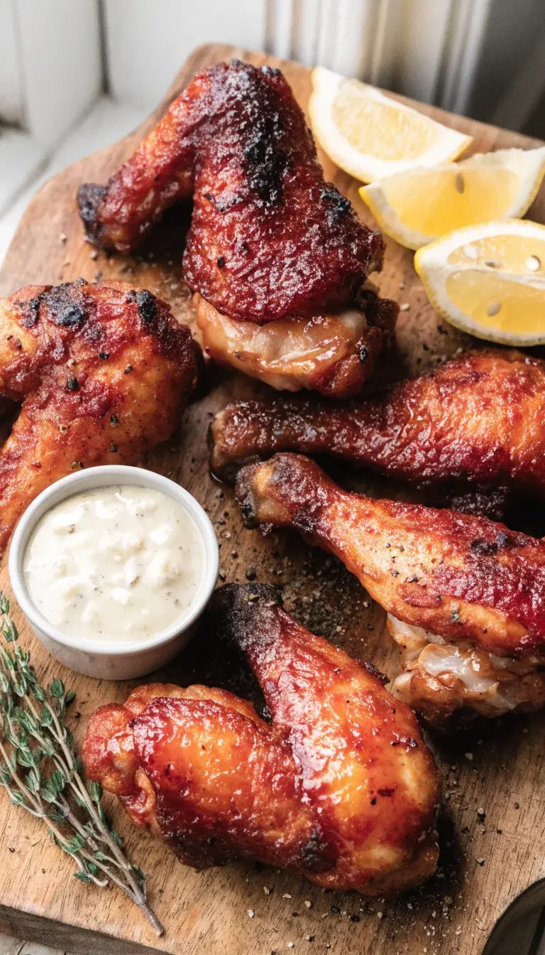 Wings and Drumsticks Showcase with Garnishes: A rustic wooden board featuring air-fried chicken wings and drumsticks, arranged in an overlapping, gallery-style layout. Emphasize varied textures: glossy crust, crispy skin, and juicy meat. Include a small ramekin of tangy dipping sauce (creamy garlic or honey mustard), a sprig of thyme, cracked black pepper, and lemon wedges for color pops. Natural window light, soft shadows, and a clean, uncluttered background to keep attention on the textures and presentation.