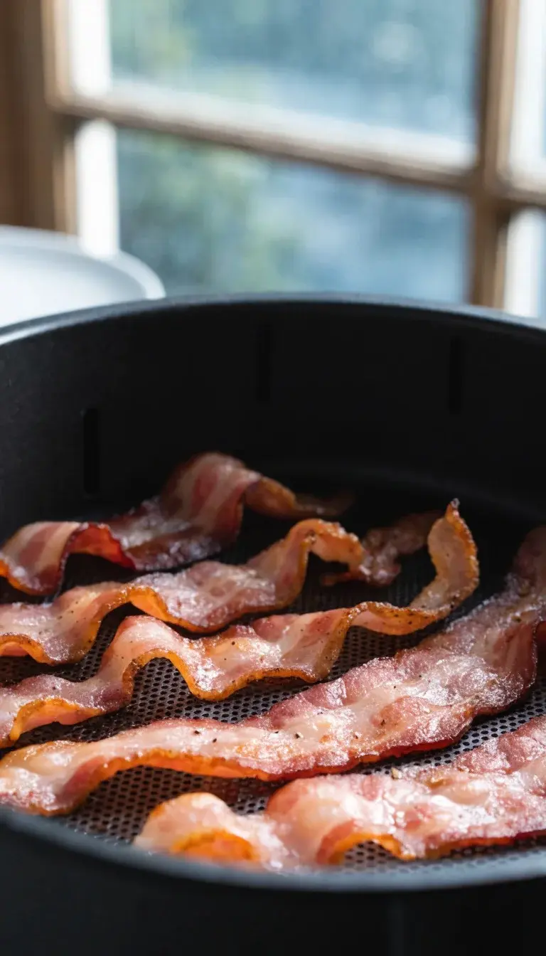 A crisp, close-up shot of air-fried bacon strips laid in a single layer in a matte-black air fryer basket, with a subtle sheen of rendered fat. Focus on textures: edges caramelized to golden brown, center pieces perfectly crispy. Include a light dusting of ground black pepper and a tiny pinch of paprika for color pop. Natural light from a nearby window, shallow depth of field to blur the background, and a clean white plate partially visible to create a minimal, appetizing presentation.