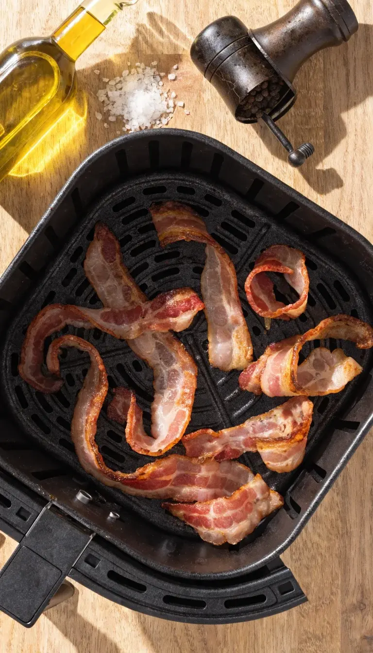 A dynamic top-down composition showing bacon in an air fryer basket with the cooking process mid-action: strips slightly curling as they crisp, a thin line of rendered fat pooling in the basket grooves, and a few bacon drips on a parchment-lined tray beneath. Include a glass bottle of olive oil, a sprinkle of sea salt, and a cracked pepper mill nearby to hint at prep steps. Bright, natural daylight to create vibrant, caramelized hues; clean, uncluttered setup on a light wood surface for a modern, recipe-ready image.