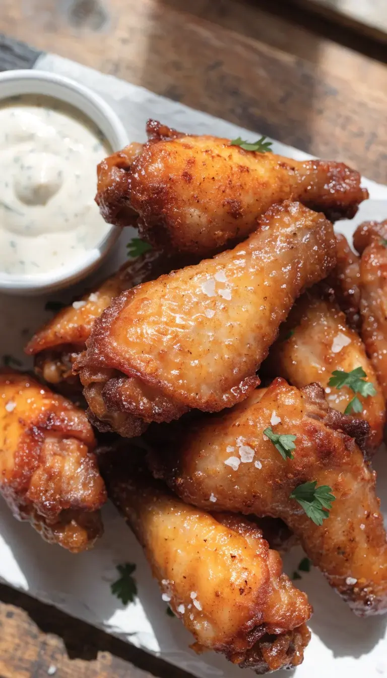 A close-up, top-down shot of a platter of air-fried chicken wings (mixture of flats and drums) piled high on a matte white slate board. Focus on ultra-crisp, golden-brown skins with visible seasoning: paprika-speckled, garlic powder flecks, and tiny baking powder hints for extra crisp. Garnish with a light dusting of flaky sea salt, fresh chopped parsley, and a small ramekin of cool ranch dip to the side. Natural window light on a clean wooden table, shallow depth of field to blur the background while keeping the wings sharp and glossy.