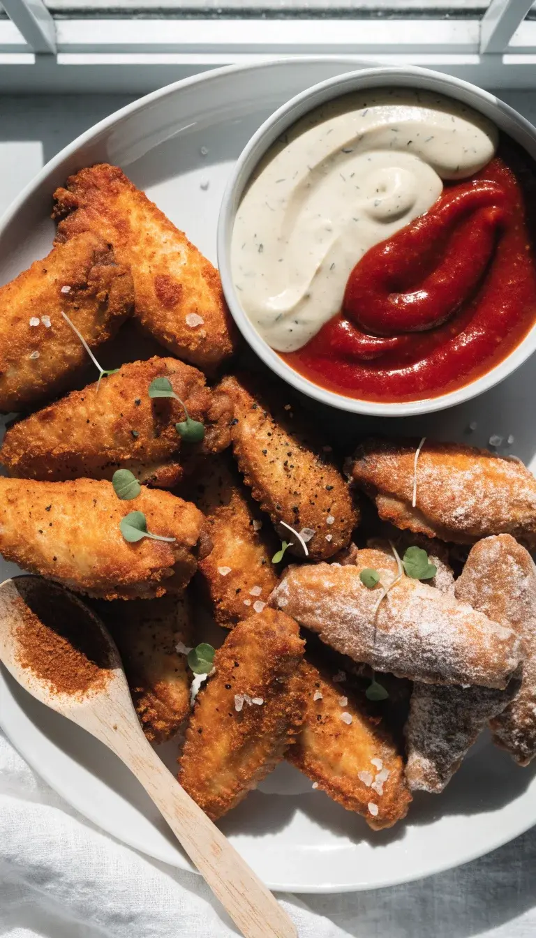 An overhead composition featuring an assortment of air-fried wings grouped by coating: one pile with paprika-gold crust, another with a slightly darker pepper-garlic crust, and a third with a sprinkle of baking powder for extra crunch. Interleave with garnishes: a pinch of flaky salt, cracked black pepper, and a few microgreens for contrast. Add a shallow bowl of dipping sauces (ranch and hot sauce) and a wooden spoon tipped with a light dusting of spice. Natural daylight from a window, neutral backgrounds, and a crisp, appetizing sheen on all wing surfaces to convey immediacy and crunch.