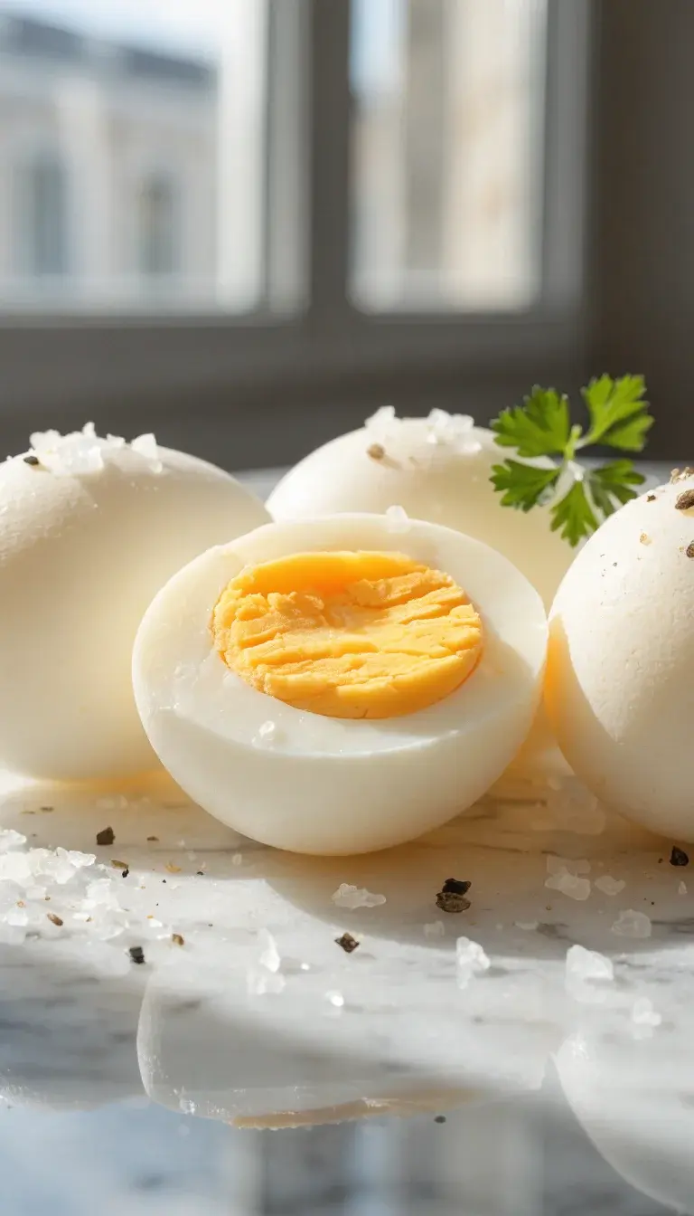 Hard-boiled eggs freshly peeled arranged on a light marble surface, with a thin shadow for depth. Show a close-up of one egg sliced in half to reveal a perfectly set yolk, surrounded by a few whole eggs. Include subtle garnishes: cracked black pepper, flaky sea salt, and a small sprig of parsley for color. Natural morning light from a window to emphasize clean, minimal presentation and a hint of air fryer utility—no cookware visible, focus solely on the eggs.
