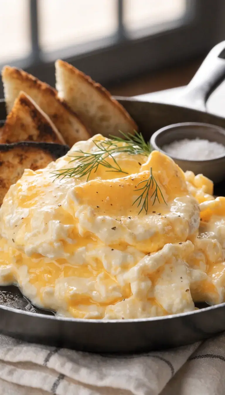 Scrambled eggs with a fluffy, creamy texture served in a shallow matte-black skillet, showing tiny curds and a glossy finish. Include a dusting of black pepper, a hint of cream or butter sheen, and a light sprinkle of fresh dill. Arrange with a side of toasted sourdough wedges and a small ramekin of salt. Use natural light to create gentle highlights on the glossy surface of the eggs, ensuring the composition emphasizes texture, color contrast, and the idea of quick, effortless air-fryer cooking.